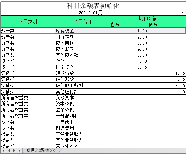 科目余额表初始化界面